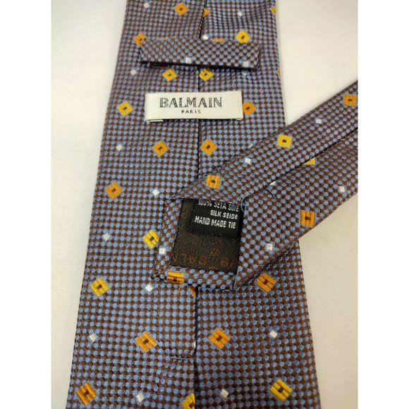 Pierre Balmain Paris Mens Tie blue brown Abstract Geometric check Silk - Picture 6 of 7